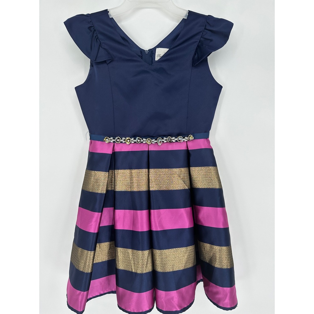 Rare Editions Girls Navy Pink Gold Striped Jeweled Party Dress Size 14